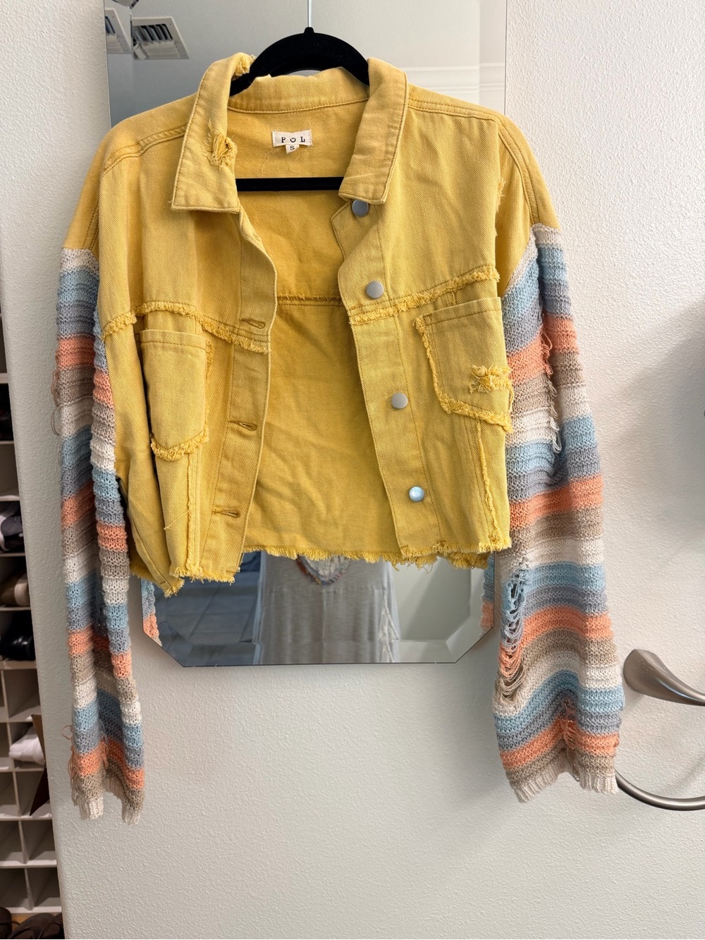 POL Yellow Cropped Denim Jacket with Striped Knit Sleeves